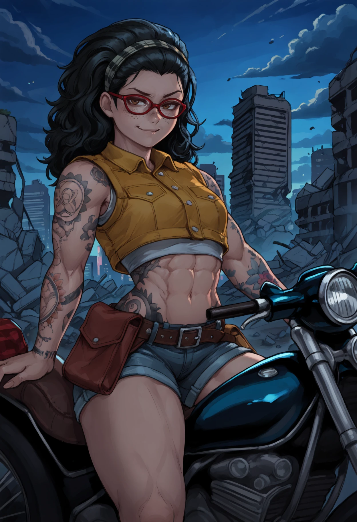 masterpiece, best quality, toned, masterpiece, best quality, toned
1girl, black hair, brown eyes, long hair, hair pulled back, freckles
glasses,red-framed eyewear,
hairband, plaid hairband,
crop top, sleeveless, yellow vest,undershirt, midriff, belt pouch, utility belt, denim shorts, short shorts,
arm tattoo, stomach tattoo, hand tattoo, shoulder tattoo,looking at viewer, sitting on motorcycle, smirk, outdoors, cityscape, post-apocalypse, rubble, debris, ruins, night, sky, clouds,
<lora:ncgdstn_idxl_EliPot:1>