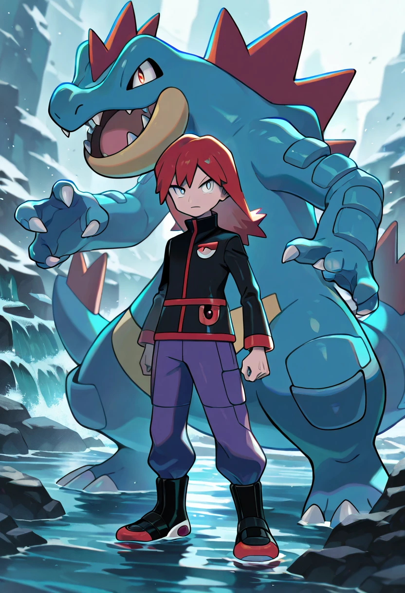 1boy, silvergsc, pokemon, solo, male focus,
standing, full body, red hair, grey eyes, black jacket, purple pants, boots, black footwear,
feraligatr, pokemon (creature), water,
masterpiece, best quality, amazing quality, very aesthetic, absurdres,  newest, volumetric lighting