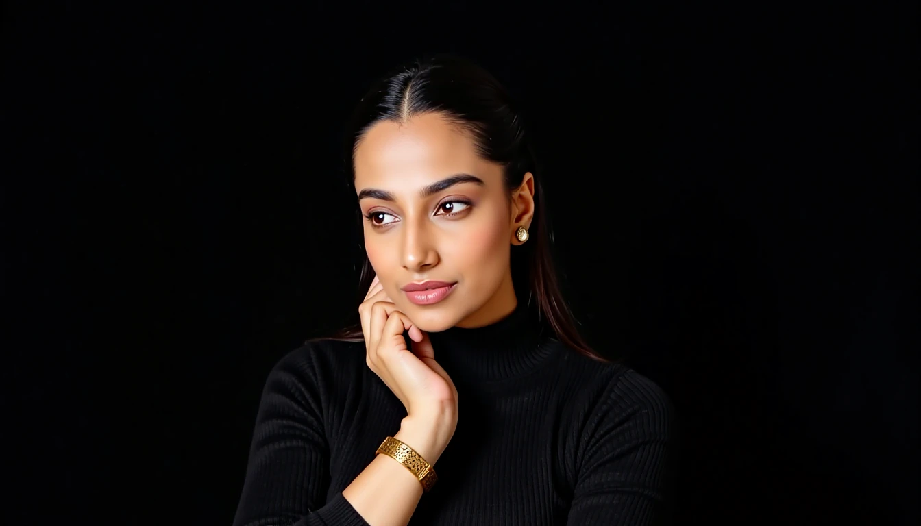 Close-up portrait of meencohwx  with dark hair pulled back. Soft, contemplative expression; gaze is directed slightly to the viewer's right. She's subtly touching her face with her hand, creating a relaxed pose. Wearing a dark-colored, likely black, long-sleeved top. The style is simple and understated. A light gold metal bangle sits on her wrist, adding a touch of visual interest.  Strong light source creates dramatic highlights and shadows, emphasizing facial contours; the lighting is theatrical, almost studio-like. Deep black background creates high contrast, drawing attention to the subject.  Composition is centered, with the woman positioned slightly off-center to create visual balance.  Muted tones, with a low-key atmosphere; serene and calm mood.  Classic portrait style.