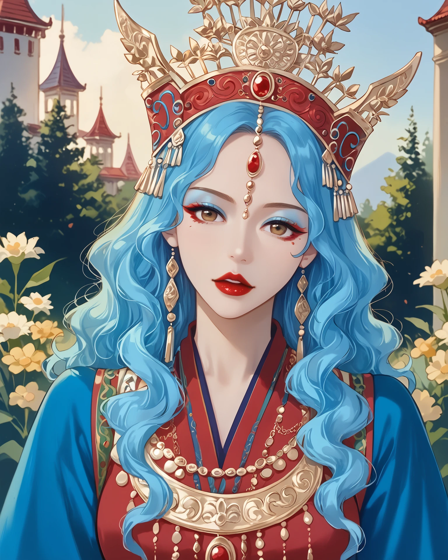 1girl, wearing miaofashion, miaofashion headdress, waist-up, ornate clothing, wavy hair, daffodils, head tilt, red eyeliner, blue eyeshadow, extremely detailed, digital art, masterpiece, absurdres, highest quality, score_9, score_8_up, score_7_up, outdoors,   <lora:[pony]Sunagawa Tara:1>, sunagawa tara <lora:MiaoFashion_XL-000014:1>