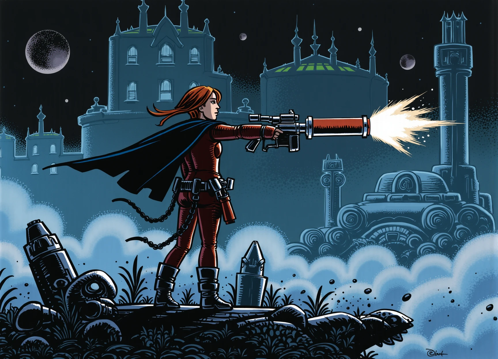 vintage comic book illustration by Jean-Claude Mézières of a a female space pirate firing blaster in a dark fog covered ancient graveyard