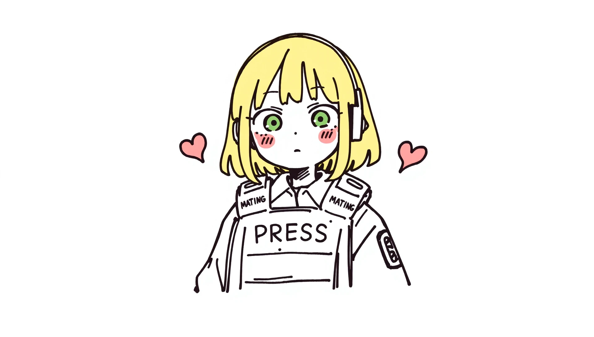 sref620750898,ballpen drawing in a minimalist, cartoonish style , featuring a young female with blonde hair and large expressive eyes, without a blush. She wears a headset and microphone, indicative of a role like a reporter or broadcaster. The character is dressed in a tactical vest with a clear "PRESS" badge and a playful heart-shaped emblem with "MATING" written on it. The character's facial expression is composed, without any blush, contrasting with her professional equipment. This vibrant, detailed manhwa-style illustration highlights the character's features, her professional role, and the unique badges, focusing on a blend of realism and expressive art typical of manhwa., , sref620750898,ballpen drawing in a minimalist, cartoonish style