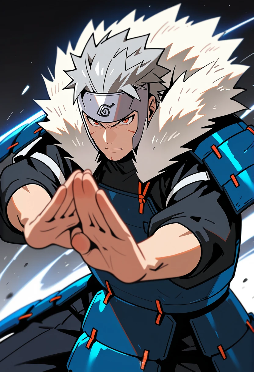 (masterpiece), (best quality), 1boy, <lora:Tobirama_Senju:0.8> tbrm_nrt, forehead protector, fur trim, japanese armor, fighting stance, masterpiece, best quality, absurdres, highly detailed, raytracing, masterwork, masterful composition, dynamic movement