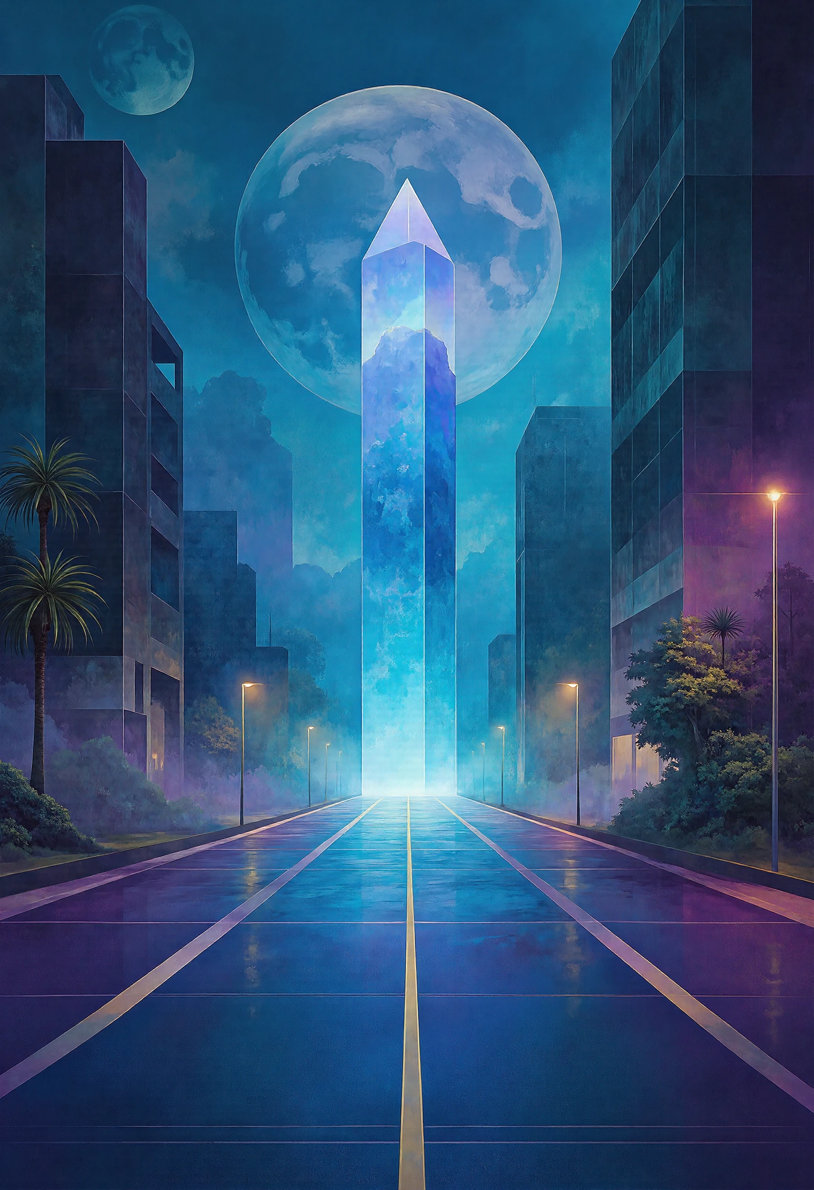 A digital artwork in the style of CLRFL, there is a crystal glowing blue on a dark night street in the futuristic city. A large moon can be seen in the background 