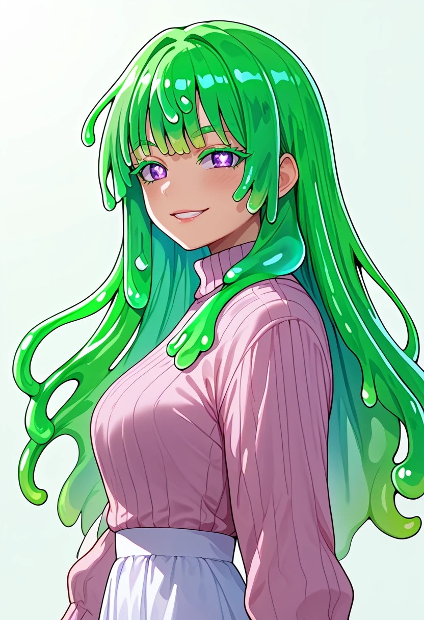 score_9_up, 1girl, solo girl, best quality, masterpiece, from side, dynamic pose, looking at viewer, ,
<lora:Neneya_Green:1> NeneyaGreen, green haired slime girl, slime hair, long hair, bangs, purple eyes, x shaped pupils, green colored eyelashes,  bright smile,  (((adult))) medium breast, white shoulder free sweater with white frilled skirt,