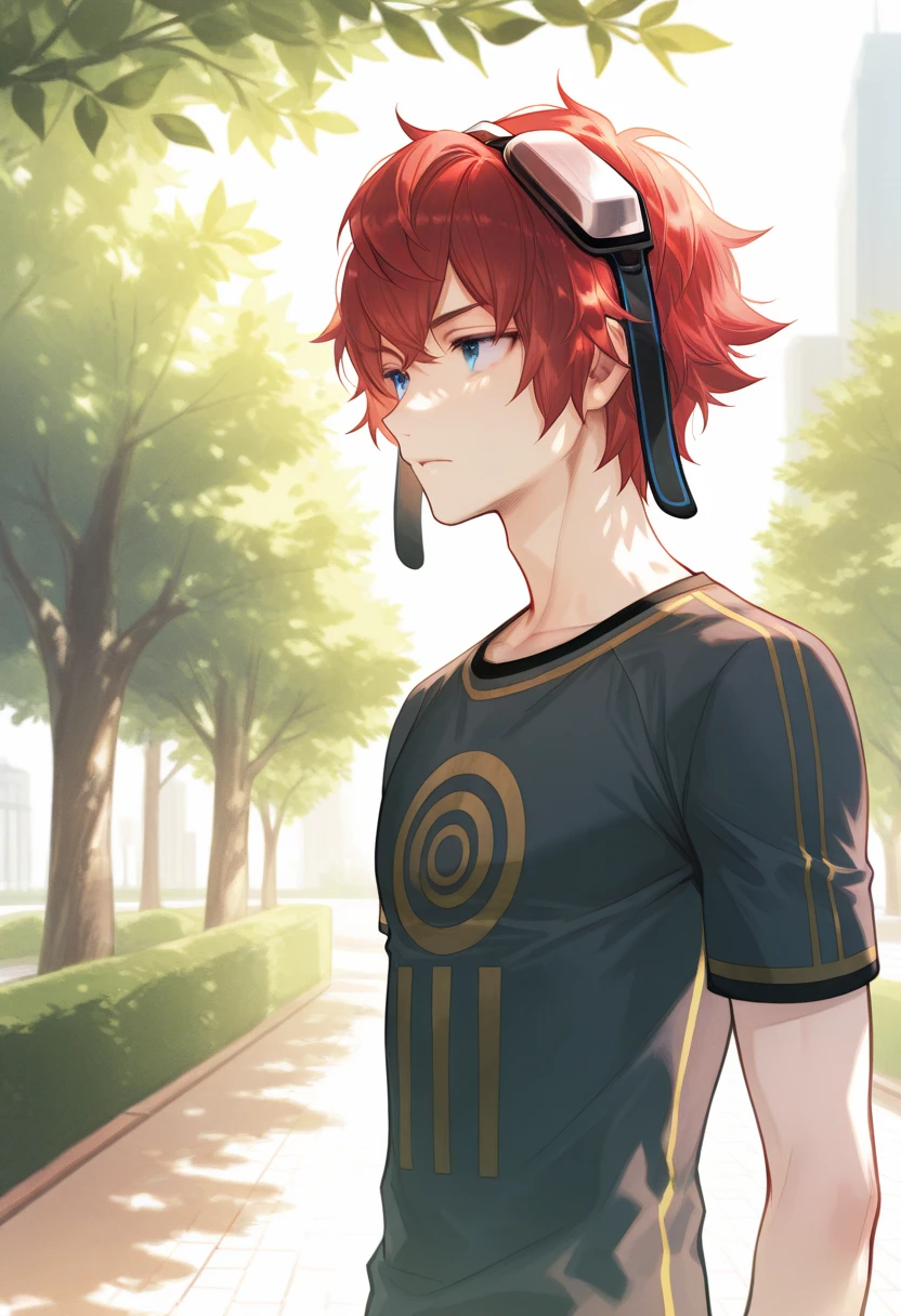 artist:gomzi,artist:wanke,artist:diyokama, rei_(sanbonzakura),[[artist:fuzichoco]],year 2023,
1boy, solo, aiba takumi, blue eyes, red hair, short hair, goggles, goggle on hair,
two-tone shirt, print shirt, grey shirt, short sleeves,
upper body,
park,
<lora:dscs_humancharacters.ilxl:1>