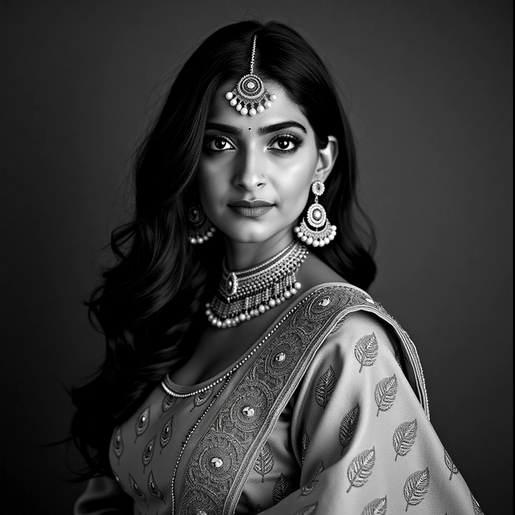 A captivating black and white portrait photograph of sonamkapoorukohwx with dark hair, in a vibrant traditional Indian attire.  Light-medium tan complexion.  sruthihassanukohwx is  adorned in a lehenga skirt, featuring intricate embroidery of fern-like patterns. The skirt has multiple tiered layers, creating a full, swirling effect.