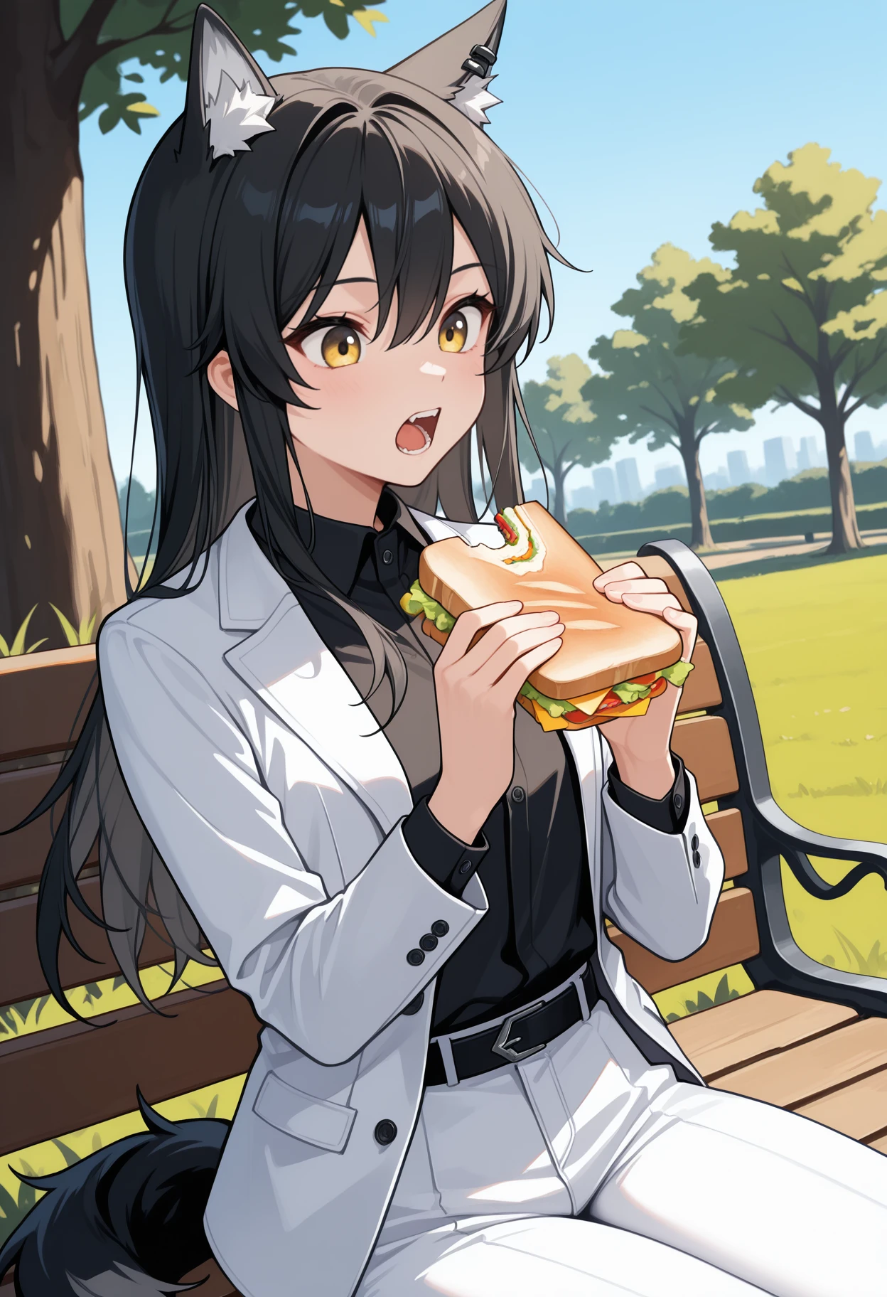 masterpiece, best quality, <break> solo, 1girl, txswgbrkr, wolf tail, open mouth, teeth, looking at food, sitting, park bench, holding food, sandwich, long hair, black hair, hair between eyes, animal ears, animal ear fluff, animal ear piercing, yellow eyes, white jacket, suit jacket, long sleeves, black shirt, collared shirt, shirt tucked in, white pants, black belt, outdoors, blue sky, tree, grass, path
<segment:yolo-Anzhc Face seg 640 v2 y8n.pt,0.4,0.5//cid=1>