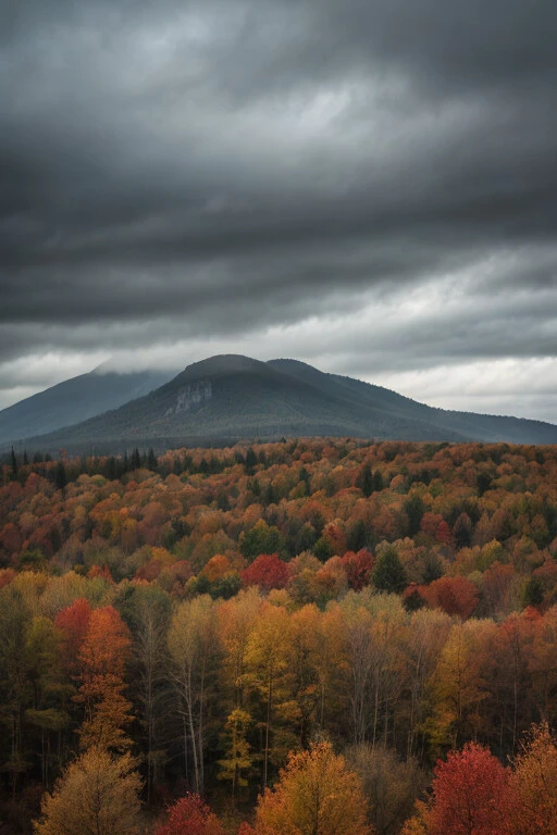 professional photo, photo of autumn landscape, dramatic lighting, gloomy, cloudy weather