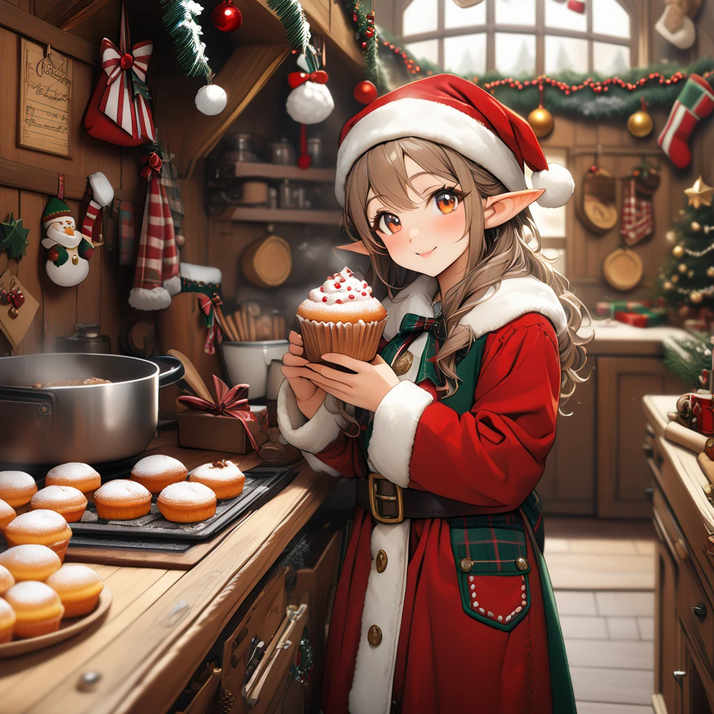 score_6_up,score_5_up,score_4_up,
<lora:Wolvies_Christmas_Elf_v241212.1436:1> xmas_elf, female elf, old, (eyes open:1.1), Christmas, holiday, complex background, standing in a kitchen, holding a muffin, drinking hot cocoa, taking a break, in Santa's workshop, North Pole, concentration, smile, anime, highly detailed, in focus, excellent quality, high resolution, Christmas background, Christmas decorations, cozy, masterpiece, best quality, very aesthetic, (accurate eyes:1.2), (detailed and precise face:1.2), life-like, depth of field, detailed textures, bright colors, natural light, ultra HD, fine details, soft background blur,