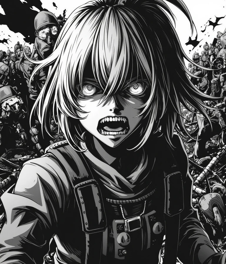 TanyaDegurechaff,An intense, dark, and gruesome manga cover art style, featuring a girl with piercing manic eyes and a crazed expression, resembling Tanya Degurechaff. She is surrounded by a war-torn battlefield with twisted, eerie details, dramatic lighting casting sharp shadows, and a chaotic, oppressive atmosphere. The style emphasizes intricate linework and a gritty, grim tone
, <lora:Tanya_Degurechaff_manga_style_flux:0.8>,