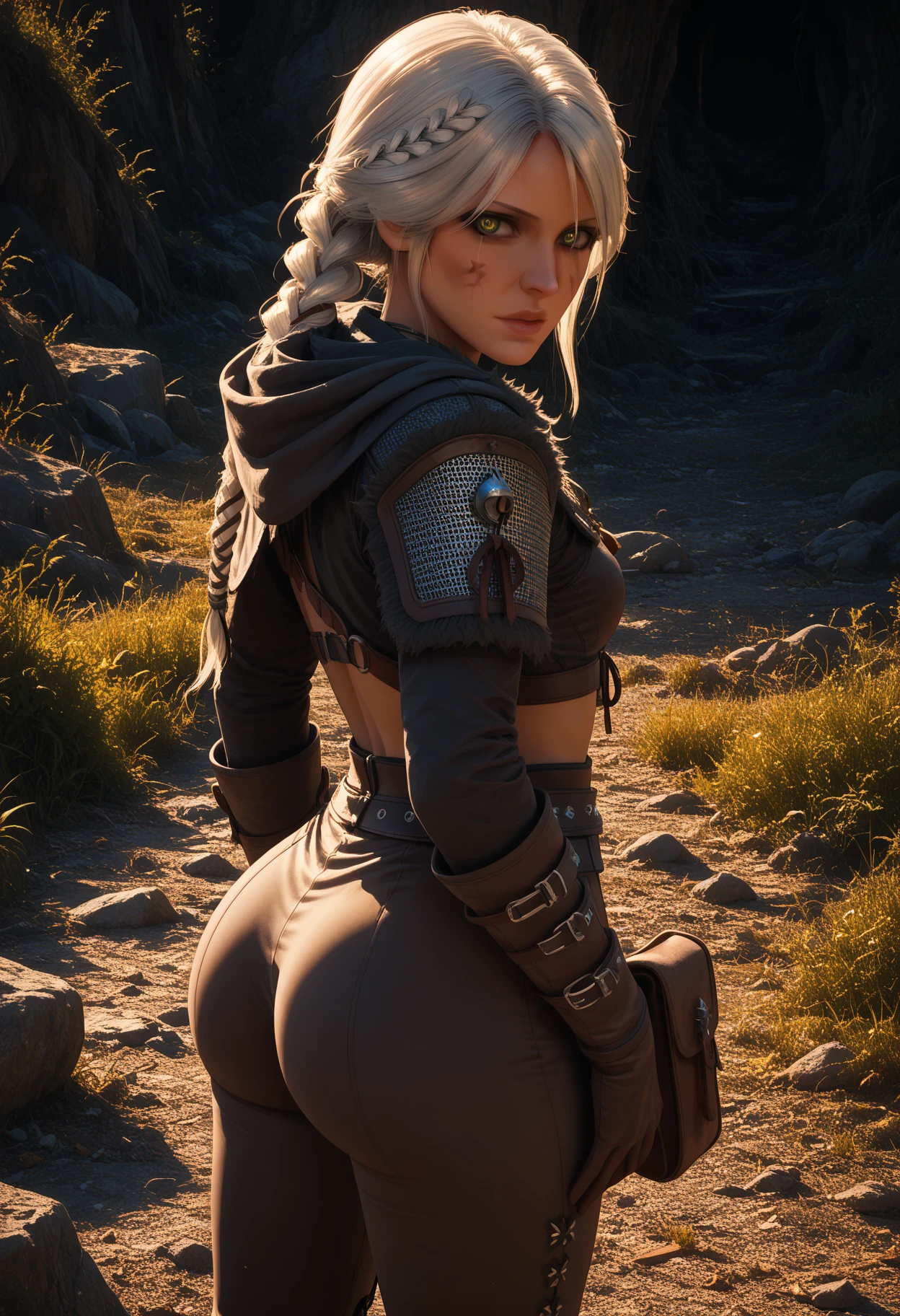 Highest quality, rear angle, low level shot, photo of a [Medieval|Fantasy] female knight with (muscular ass), (wearing [Chainmail|Leather] armor, exposed ass), extremely perfect & very very very beautiful face, detailed facial features, looking back at viewer, serious expression, outdoors, in scenic high-fantasy country side woodlands, athletic body, big butt, cum on ass, (detailed skin), intricately detailed, overcast weather, dappled lighting, crepuscular rays, shadow casting, film grain, volumetric fog, photographed on a Canon EOS R3, 105mm F/2.8 VR Macro Lens, HDR, 8k, (sharp focus), cinematic film still from lord of the rings, ass focus, from behind