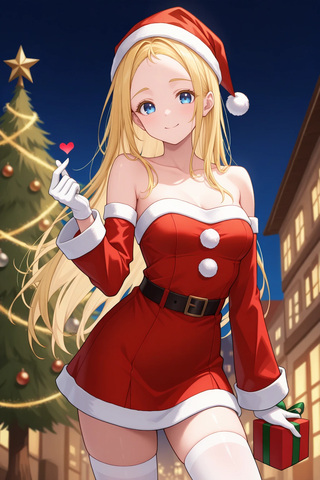 masterpiece, best quality, looking at viewer, smile, 1girl, usk0, medium breasts, blue eyes, blonde hair, forehead, colored eyelashes, long hair, santa hat, santa costume, red dress, strapless, pom pom \(clothes\), long sleeves, fur-trimmed sleeves, white gloves, white thighhighs, bare shoulders, collarbone, finger heart, holding gift, contrapposto, outdoors, town, christmas tree, christmas ornaments, <lora:Hoseki_SummerTimeRendering_UshioKofune_IllustriousXL_v1:1>