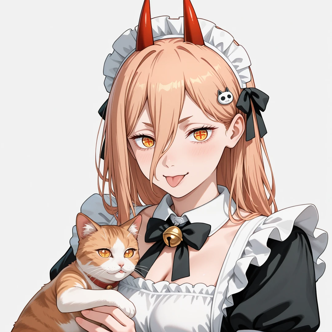 1girl,power (chainsaw man),cat, tongue out, tongue, horns, maid headdress, long hair, holding, hair between eyes, hair ornament, looking at viewer, maid, cross-shaped pupils, animal, simple background, holding animal, red horns, bow, black bow, solo, alternate costume, bell, hair bow, yellow eyes, grey background, cat hair ornament, orange eyes, holding cat, :p, upper body, symbol-shaped pupils, ribbon, demon horns, skull hair ornament, black ribbon, white background, enmaided,<lora:ChainsawstyleByOOA-10:1>, masterpiece, best quality, amazing quality, very aesthetic, absurdres, newest, scenery, perfect face,intricate,beautiful scenery,ultra realistic 8k CG,perfect artwork,absurdres, anime 2D, vibrant colors, sharp lines, smooth,edges,