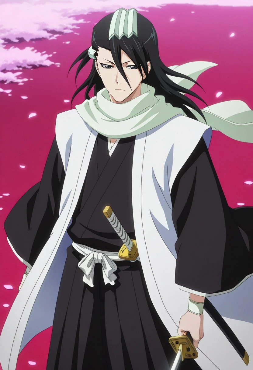 masterpiece, best quality, intricate details, anime screencap, anime coloring, , , , 1boy, solo, male focus, <lora:byakuya_kuchiki_ilxl:1>, byakuya_kuchiki, black hair, black eyes, long hair, scarf, japanese clothes, haori, petals, hair ornament, hair between eyes, sword, ,