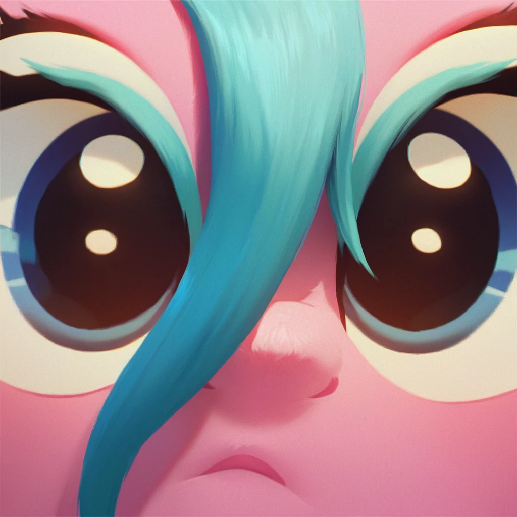 score_9_up, score_8_up, score_7_up, aloe blossom, 1girl, pony, pink fur, extreme close-up, close-up, stare, looking at viewer, solo, furry, furry female, blue eyes, blue hair, frown