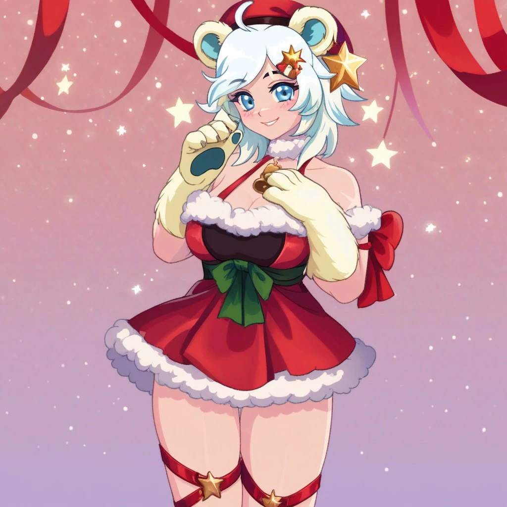 (masterpiece), best quality, expressive eyes, perfect face, score_9, score_8_up, score_7_up, score_6_up, looking at viewer, blush, smile, solo, hand on chest, Aurora_cc, xmas_outfit, red short dress, fur trimmed dress, bell on neck, red hat, star hair ornament, straps, red ribbon on arm, fur-trimmed choker,