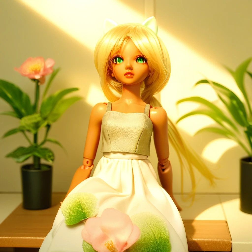 score_9 up, score_8_up, score_7 up, highly detailed, high quality, intricate details,  realism, warm diffused lighting, sunlight, potted plant, flower, plant, indoors, 1girl, dark skin, long hair, blonde hair, green eyes, white dress, sleeveless dress, doll joints, joints