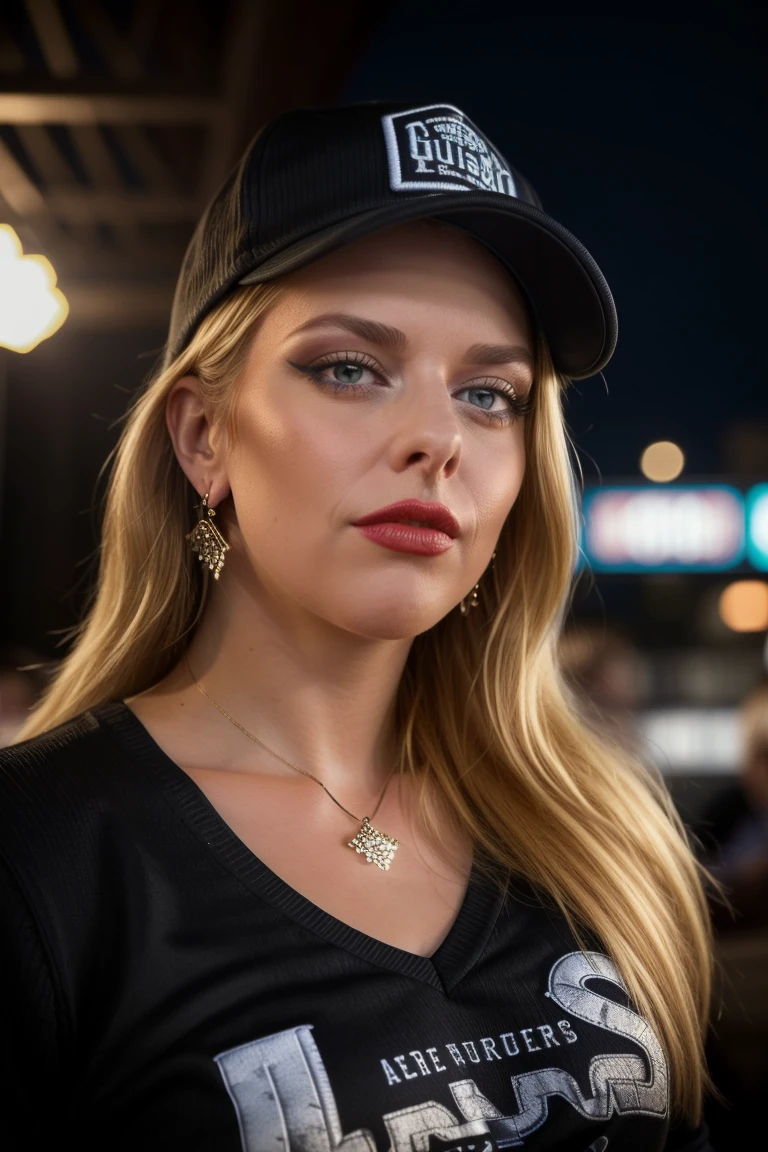 cinematic still ,  best quality,  realistic,
 <lora:quiron_LauraGuldemond_v050330_Lora:0.87> lauraguldemondQuiron, makeup, blonde hair,   jewelry, looking at viewer, earrings, blue eyes,   lips, lipstick, Standing with one hand touching the forehead, baseball cap with a V-neck sweater,
Dappled Light, (look at viewer),intricate detailed, flash photography, amazing photo of a pretty woman , at blurred background crowded nightclub party  background, . emotional, harmonious, vignette, highly detailed, high budget, bokeh, cinemascope, moody, epic, gorgeous, film grain, grainy