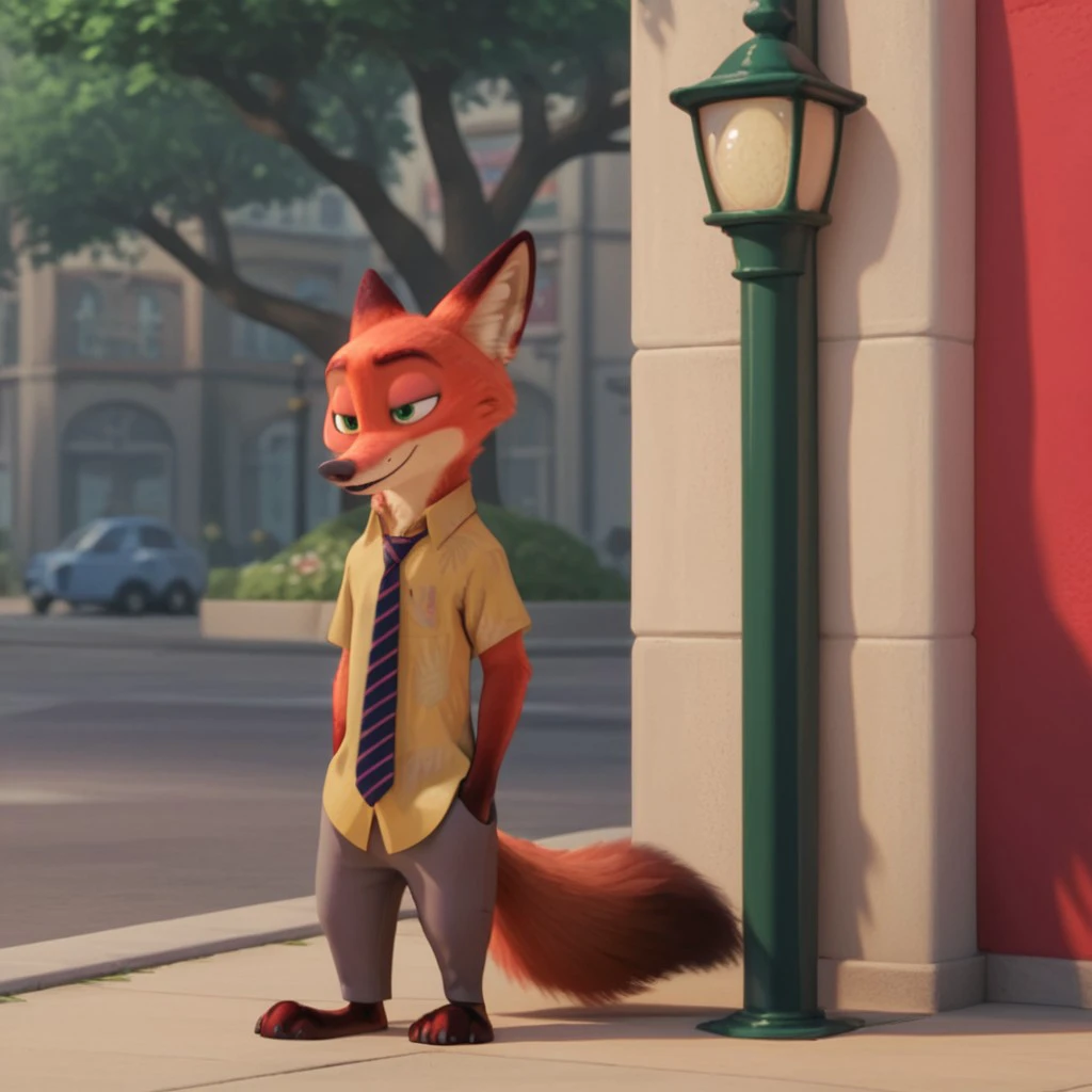 score_9, score_8_up, score_7_up, score_6_up, score_5_up, score_4_up, source_furry, WildeNickzt, anthro, male, fox, orange fur, green eyes, green Hawaiian shirt, striped necktie, khaki pants, standing, street corner