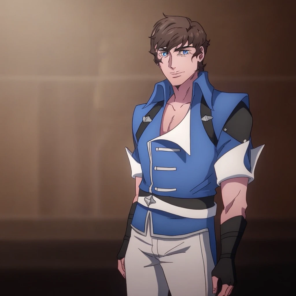 Richter Belmont, Blue Eyes, Brown Hair, Solo, 1boy, Male Focus, Blue Jacket, Collard Shirt, pants, Shirt