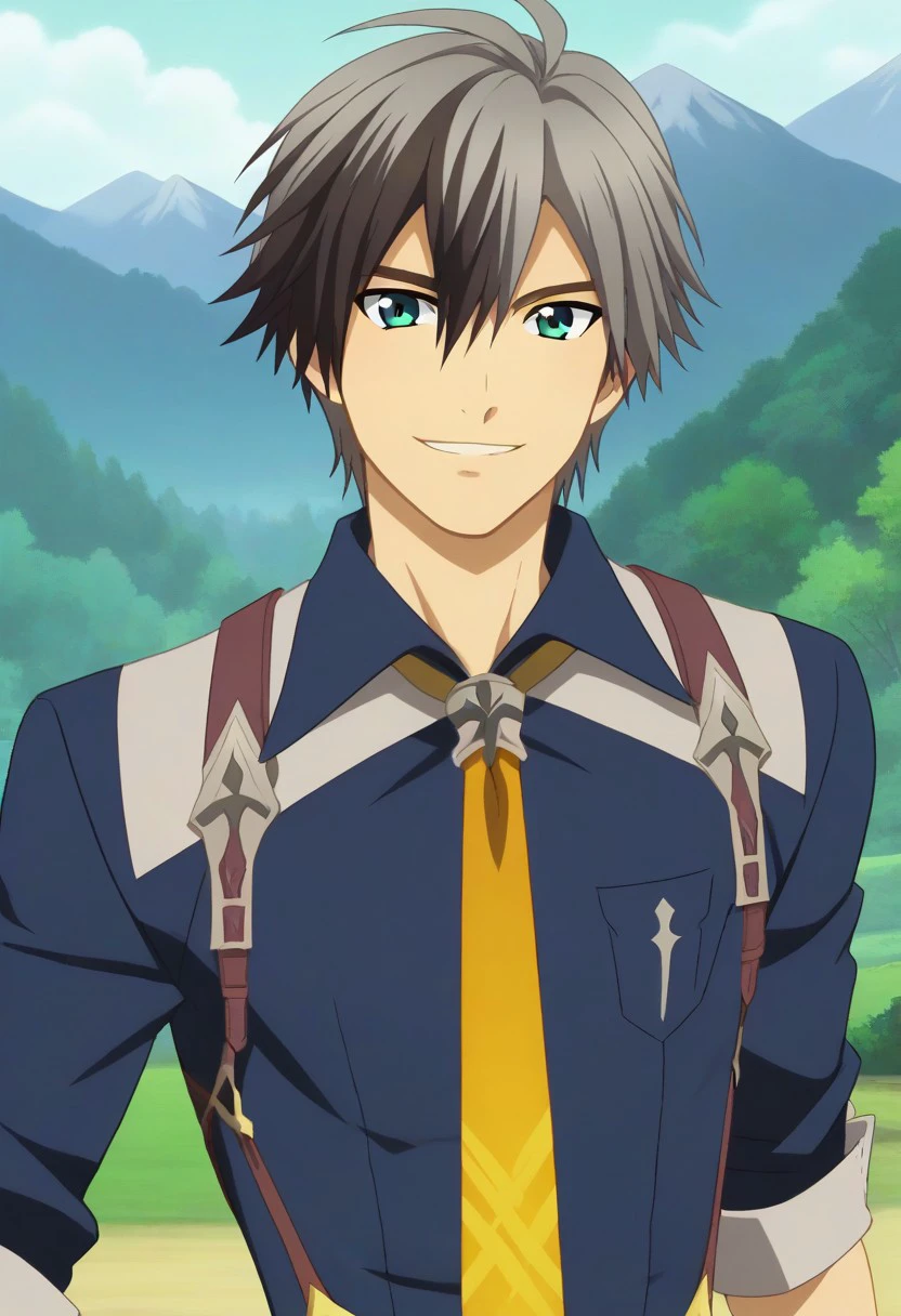 ((masterpiece)), ((best quality)), ((ultra-detailed)), ((absurdres)), score_9_up, score_8_up, score_7_up,
HD, top quality, best quality, amazing quality, High-quality illustrations, anime screencap, source_anime, best aesthetic, perfect proportions, perfect eyes, 1boy, 1male, solo boy, solo male, male focus, solo male focus, Anime, boy, male anime character, anime boy, handsome, cute, charming, sexy, good-looking, Ludger Will Kresnik, multicolored hair, two-tone hair, green-blue eyes, blue collared shirt, yellow-orange necktie, ((face only, face shot, focus on face only)), ((adventure fantasy background, nature background, mountains)), ((cowboy shot, head to hips shot)), ((happy, smile)), easynegative, updn, Expressiveh, masterpiece, best quality, very aesthetic, absurdres
