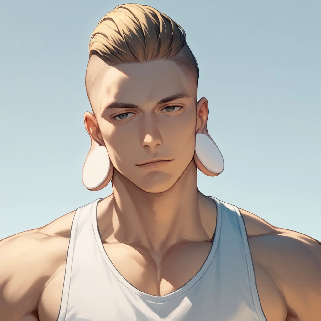 score_9, score_8_up, score_7_up, anime, masterpiece, 1boy, solo, man, male focus, handsome, adult, mature, slender, tank top, short hair, undercut, huge stretched ears, (((huge white ear plugs))), side view, dynamic angle