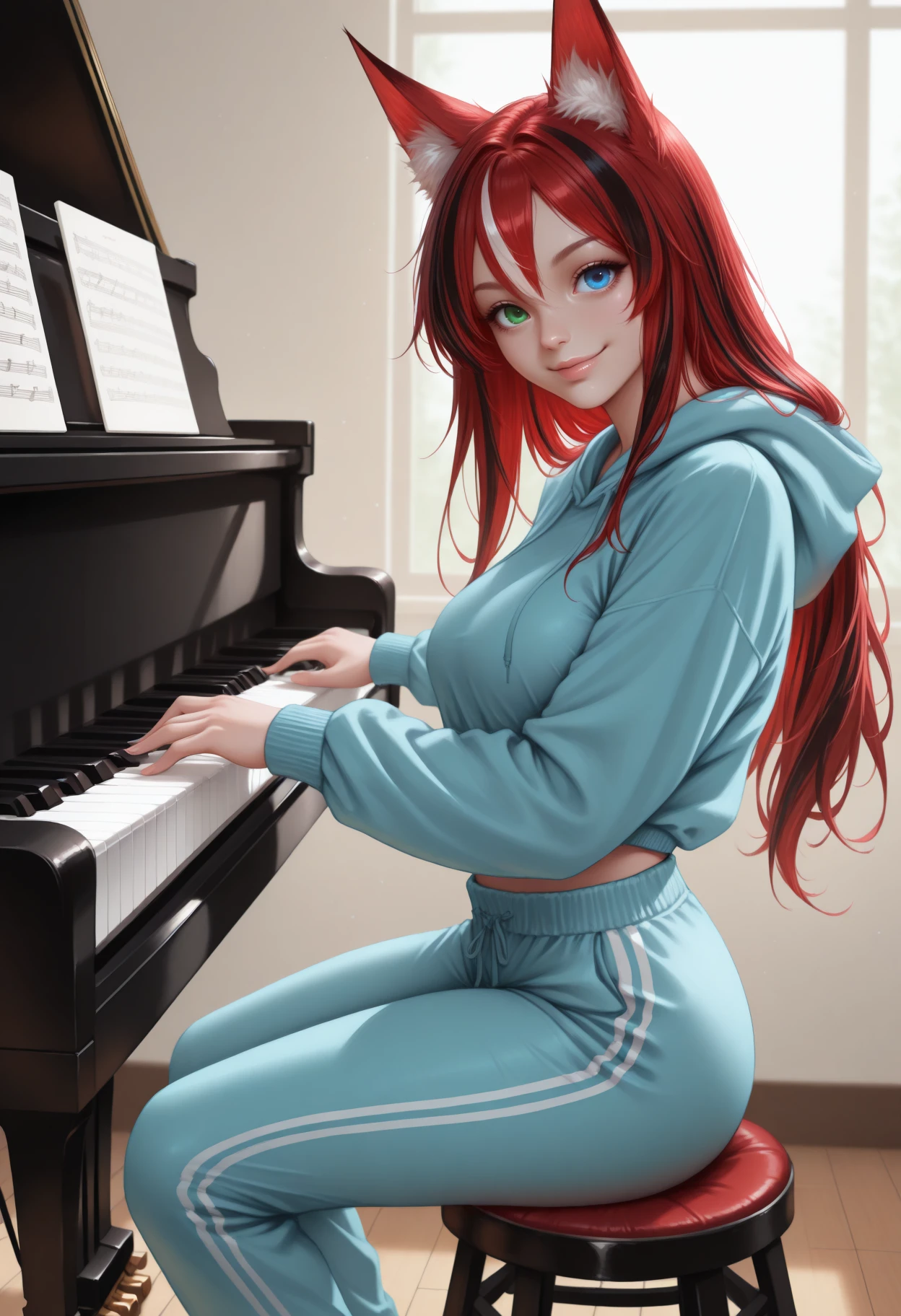 masterpiece, best quality, realistic, 1girl, solo, Bomba, heterochromia, green eye, blue eye, multicolored hair, streaked hair, red hair, black hair, animal ears, long hair, from side, sitting, on stool, hoodie, sweatpants, indoors, piano, looking at viewer, smile, <lora:ChamBombaOCIllustriousXL:1>