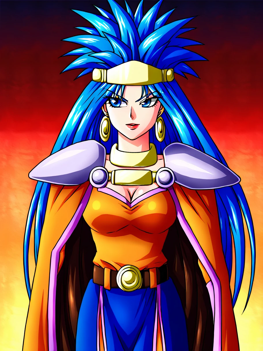 1girl, solo, ,  flirty, cowboy shot, rating_questionable,
<lora:Queen_Zeal_Chrono_Trigger_Pony:1> queenzeal, long hair, blue hair, jewelry, earrings, cape, spiked hair, cleavage, belt, blue eyes, armor, by akira toriyama dbz styleâââ