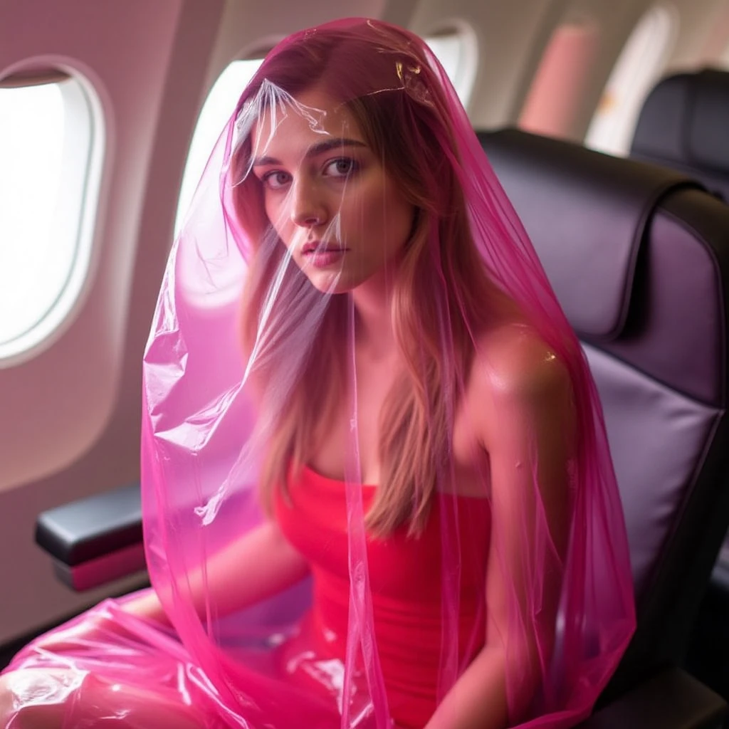 a female with brown hair wearing long red dress. She is covered by a pink transparent plastic bag sitting on a plane