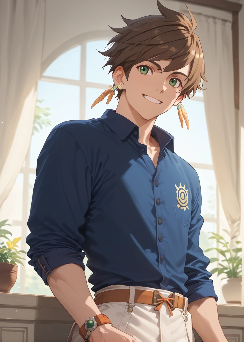 score_9, score_8_up, score_7_up, score_6_up, score_5_up, score_4_up, best quality, masterpiece, 
<lora:Sorey:1> sorey, solo, brown hair, 1boy, jewelry, green eyes, male focus, earrings, smile, looking at viewer, blue shirt, feather earrings