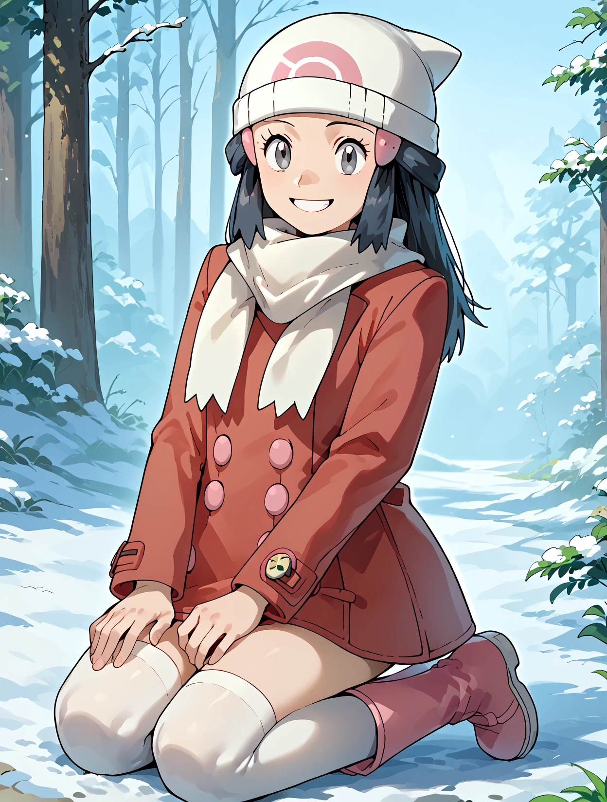 Kneeling and mimicking petting an imaginary pet, Isometric, solo, 1girl,  smile, <lora:DawnPony:1> Dawn_Platino, long hair, black hair, grey eyes,  hair ornament, beanie, white headwear, white scarf, red coat, buttons, long sleeves, white thighhighs, boots, pink footwear,, score_9, score_8_up, score_7_up,