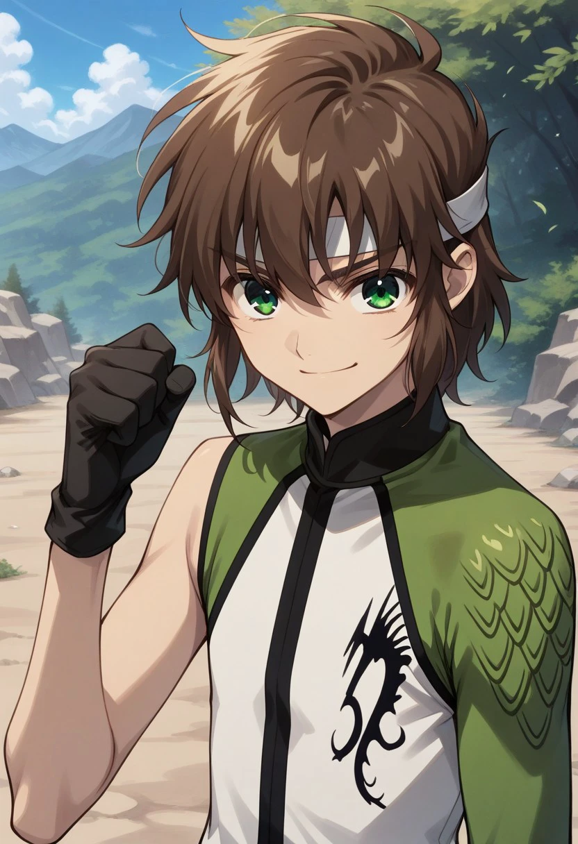 masterpiece, best quality, 
ryutsub, 1boy, male focus, solo, brown hair, medium hair, green eyes, headband, white headband, pilot uniform, shirt, multicolored shirt, green shirt, white shirt, dragon print, single sleeve, gloves, black gloves smile, determined,
outdoor