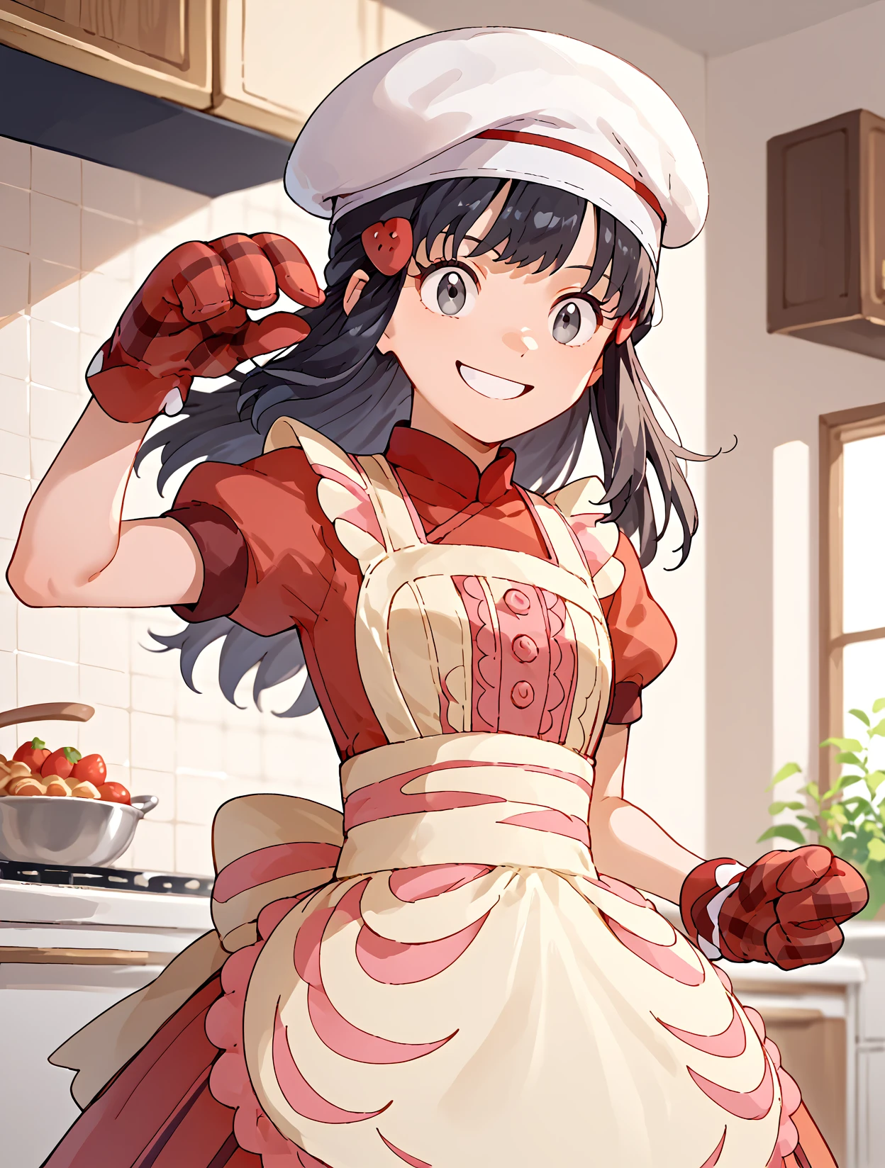 Dancing in a cha-cha-cha pose, Close Up,  solo, 1girl,  smile, Kitchen, <lora:DawnPony:1> Dawn_Valentin, medium hair, black hair, grey eyes, hair ornament, chef hat, white apron, buttons, red dress, short sleeves, red mittens, red footwear,, score_9, score_8_up, score_7_up,