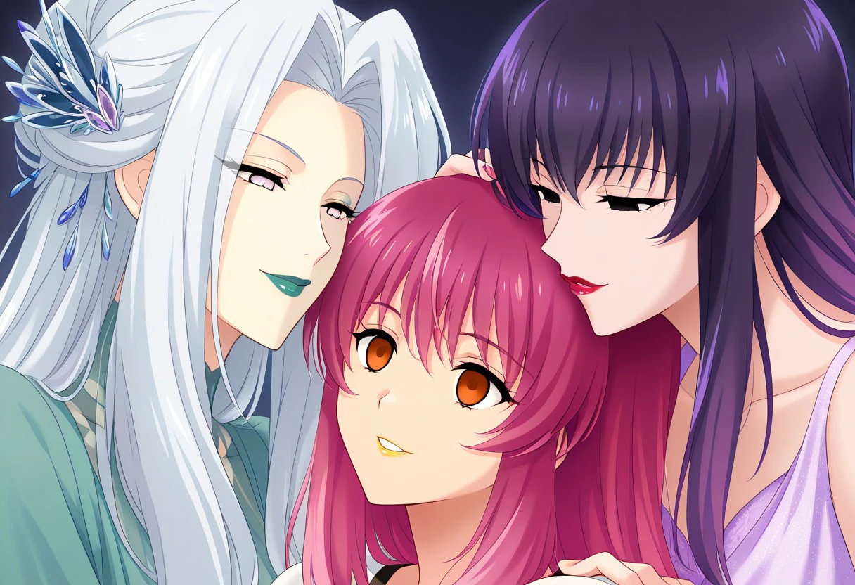 anime, empty eyes, emotionless, hypnotized, two females, lipstick, red lipstick, yellow lipstick, green lipstick, blue lipstick, purple lipstick, black lipstick, glossy lips, wet lips, sexy smile, adult, casual dress, long hair, white hair, black hair, green hair, red hair, yellow hair, pink hair, purple hair, blue hair, hair decoration, red eyes, orange eyes, yellow eyes, green eyes, blue eyes, purple eyes, pink eyes, black eyes, white eyes, close up, hand on head, kiss