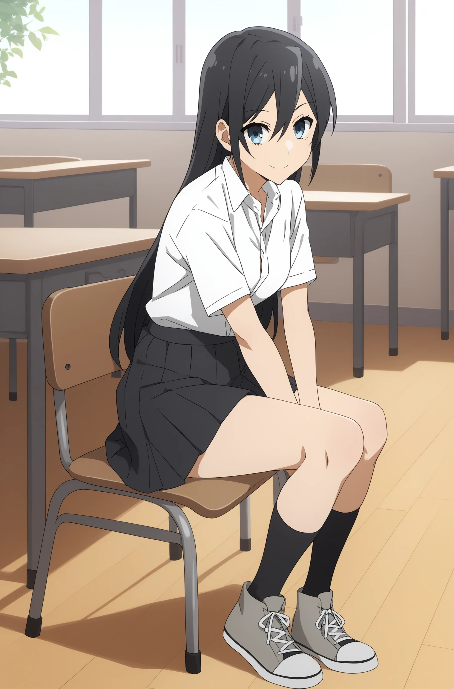 score_9, score_8_up, score_7_up, score_6_up, score_5_up, source_anime, rating_safe, medium breasts, indoors, classroom, 1girl, solo, looking at viewer, (full body:1.5), sawada honoka, long hair, black hair, hair between eyes, blue eyes, mole under eye, school uniform, short sleeves, white shirt, collared shirt, black skirt, pleated skirt, black kneehighs, grey footwear, converse, high tops, <lora:Honoka_Sawada:0.8>, smile, sitting, desk