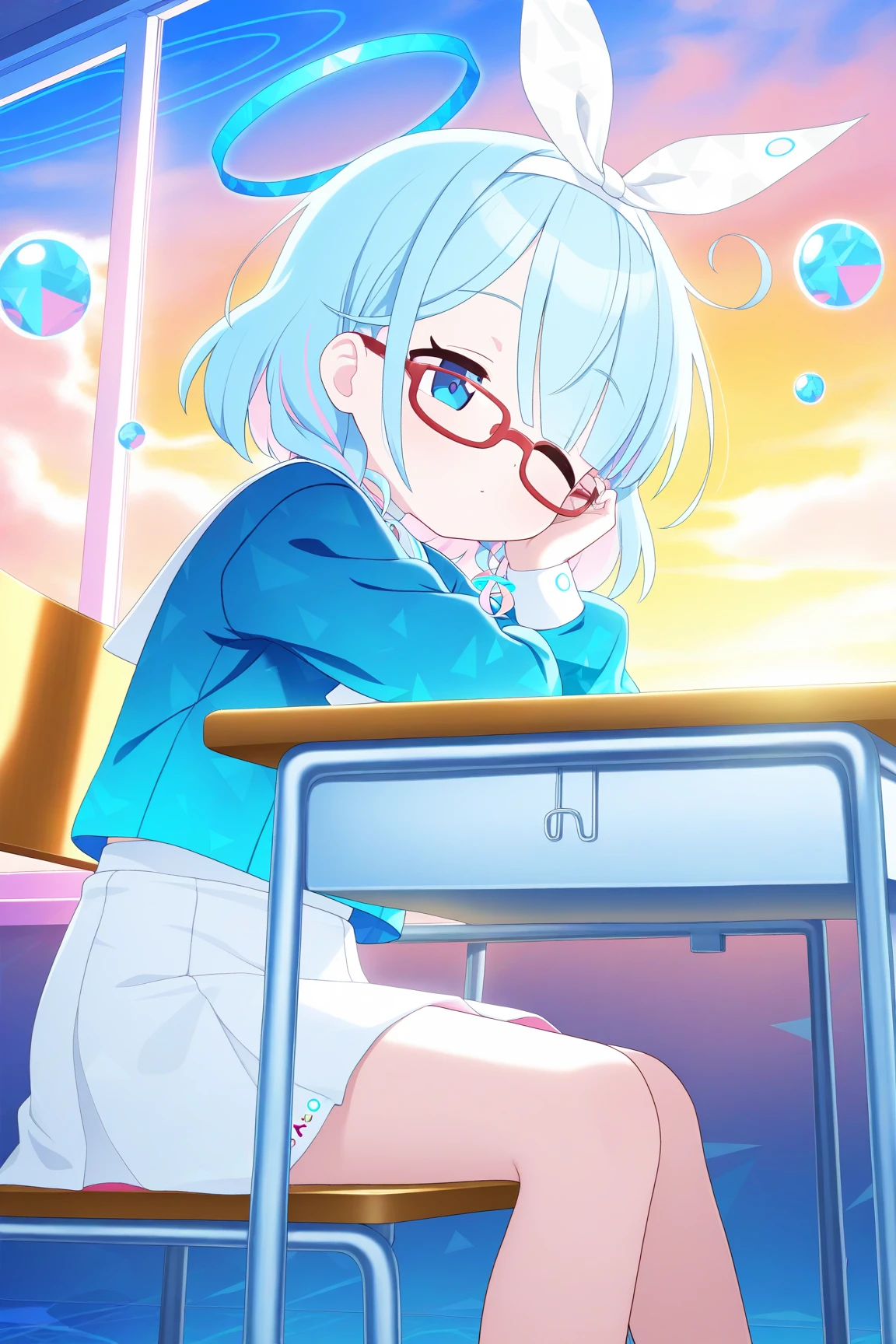 1girl, arona \(blue archive\), school uniform, sitting, head rest, looking at other, sleepy eyes, half eye closed, sky, glasses, cloud, indoors, chair, desk, backlighting, red-framed eyewear, classroom, bubble, sleepy, dynamic angle