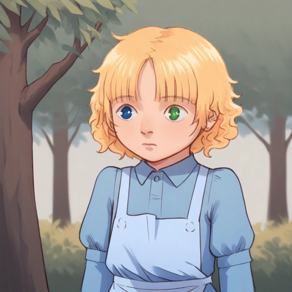 Riley-Davis, 1girl, heterochromia, blonde hair, solo, blue eyes, tree, short hair, green eyes, shirt, closed mouth, upper body, blue shirt, bangs, puffy sleeves, apron, long sleeves, dress, collared shirt, outdoors