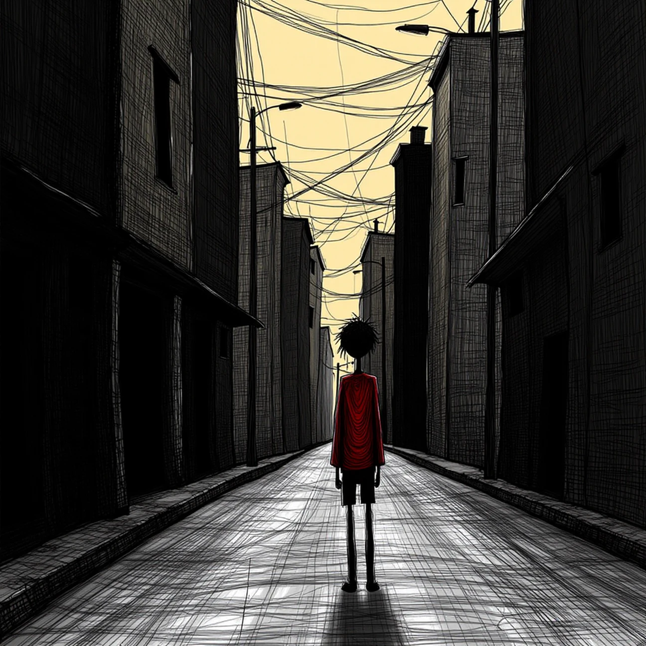 dark scribble of a boy walking in a street