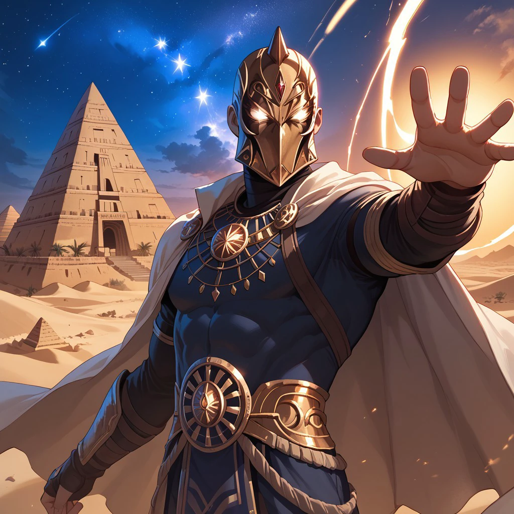 score_9, score_8_up, score_7_up, mask, close view, action pose, pyramids background, desert, night, star sky