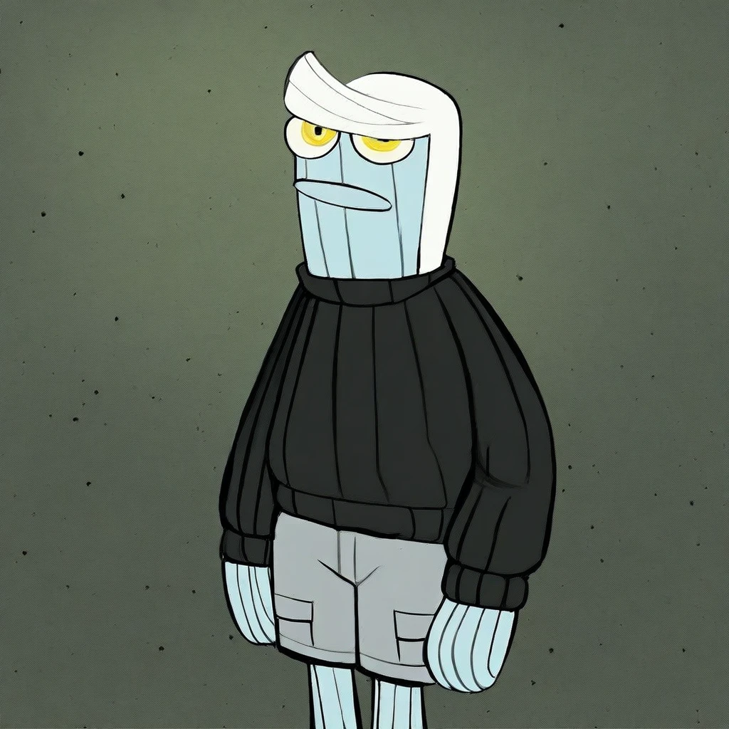 mikus-style. black sweater, gray shorts, white hair, yellow eyes