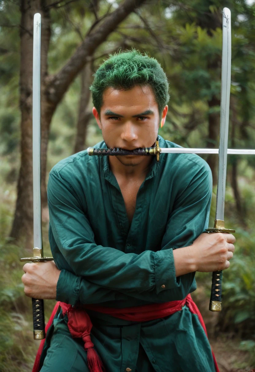 male focus, solo focus, solo, score_9, score_8_up, score_7_up, 1boy, green hair, bandama, 3SwordsStyleV1, holding object in mouth, holding in mouth, mouth hold, sword in mouth, weapon, holding weapon, holding, holding sword, 3swords, dual wielding, 3 weapons, 3 swords, weapon, sword