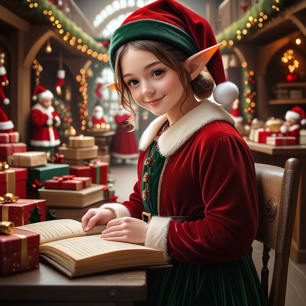 score_6_up,score_5_up,score_4_up,
<lora:Wolvies_Christmas_Elf_v241212.1436:1> xmas_elf, female elf, young, (eyes open:1.1), Christmas, holiday, complex background, sitting in a huge leather chair, reading a long scroll, drinking hot cocoa, taking a break, in Santa's workshop, North Pole, concentration, slight smile, anime, highly detailed, in focus, excellent quality, high resolution, Christmas background, Christmas decorations, cozy, masterpiece, best quality, very aesthetic, (accurate eyes:1.2), (detailed and precise face:1.2), life-like, depth of field, detailed textures, bright colors, natural light, ultra HD, fine details, soft background blur,