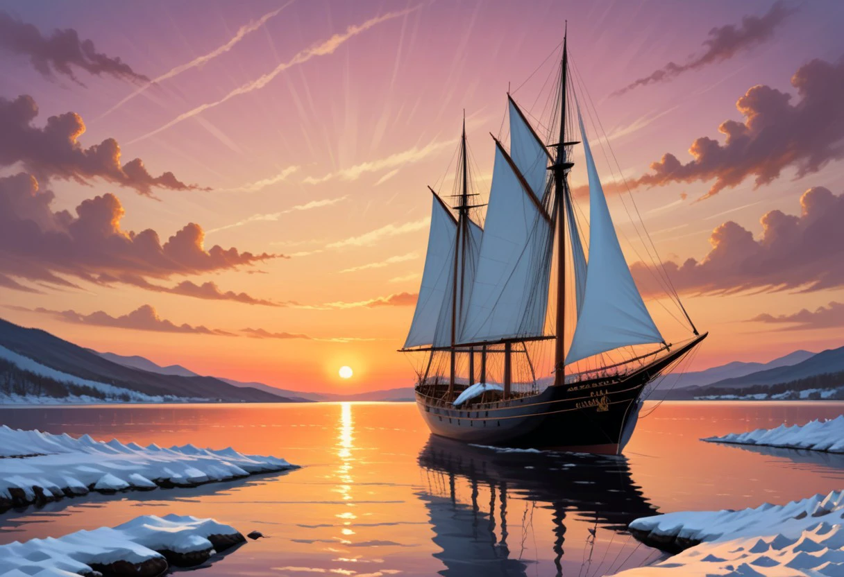 Sailing ship
Description: Imagine an elegant sailing ship with snow-white sails blown by the strong wind. The wooden masts and deck are made of dark polished wood, giving a sense of classic beauty and durability. The sailors on deck are dressed in traditional sailor uniforms and diligently manage the sails to control the ship’s course. The background is a beautiful sunset with orange and pink hues reflected in the water, creating a romantic and peaceful atmosphere. The colors are warm and balanced, with soft transitions between light and dark tones.