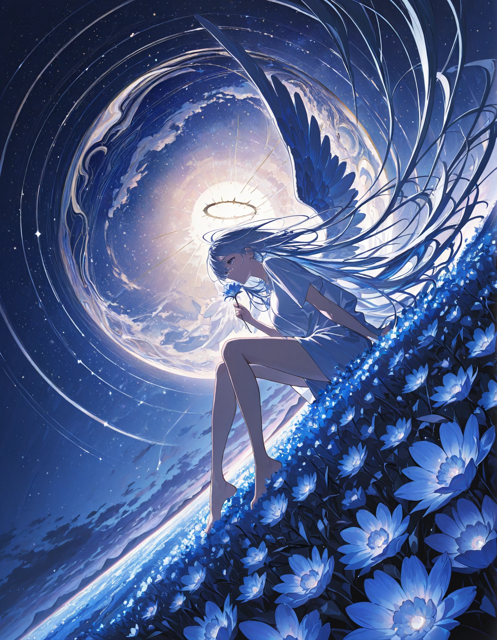 masterpiece, best quality, very aesthetic, absurdres, newest, <lora:Mika:1>,abstract, 1girl, wings, solo, flower, long hair, angel, sitting, holding, holding flower, angel wings, very long hair, white shirt, sky, night,newest, scenery,dutch angle,fisheye