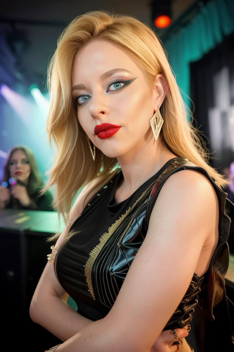 ,  best quality,  realistic,
 <lora:quiron_LauraGuldemond_v050330_Lora:0.87> lauraguldemondQuiron, makeup, blonde hair,   jewelry, looking at viewer, earrings, blueeyes,   lips, lipstick, Leaning with one elbow on an invisible wall, 
Dappled Light, (look at viewer),intricate detailed, flash photography, amazing photo of a pretty woman , at blurred background crowded nightclub party background,