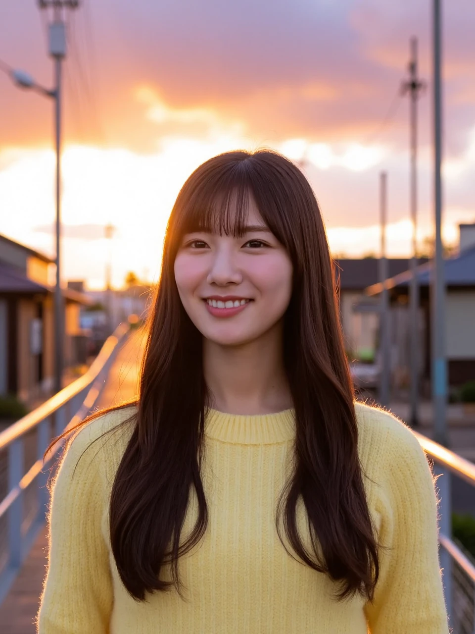 A young Asian woman named kawata with straight, long dark brown hair and bangs stands on a sunlit bridge, She looked into the distance with a smile on her face. Snow-white skin. She's rocking a light yellow, chunky-knit sweater that pops against the bright sunlight. The background is a small town, with a vibrant sky filled with clouds in shades of pink, purple, and blue. The sun is low on the horizon, casting a warm glow over the scene. In the foreground, there are power lines and utility poles, and a row of buildings with traditional Japanese architecture. The buildings are dark and silhouetted against the colorful sky. The composition is wide and captures the serene and picturesque atmosphere of the setting. The image has a high dynamic range and a wide aspect ratio. The overall color of the image is bright and soft. 