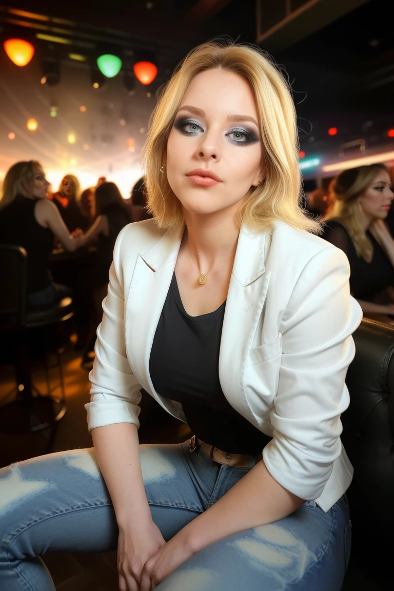 ,  best quality,  realistic,
 <lora:quiron_LauraGuldemond_v050330_Lora:0.87> lauraguldemondQuiron, makeup, blonde hair, White blazer, jeans, and ballet flats,   Sitting with one hand on the cheek, 
Dappled Light, (look at viewer),intricate detailed, flash photography, amazing photo of a pretty woman , at blurred background crowded nightclub party background,