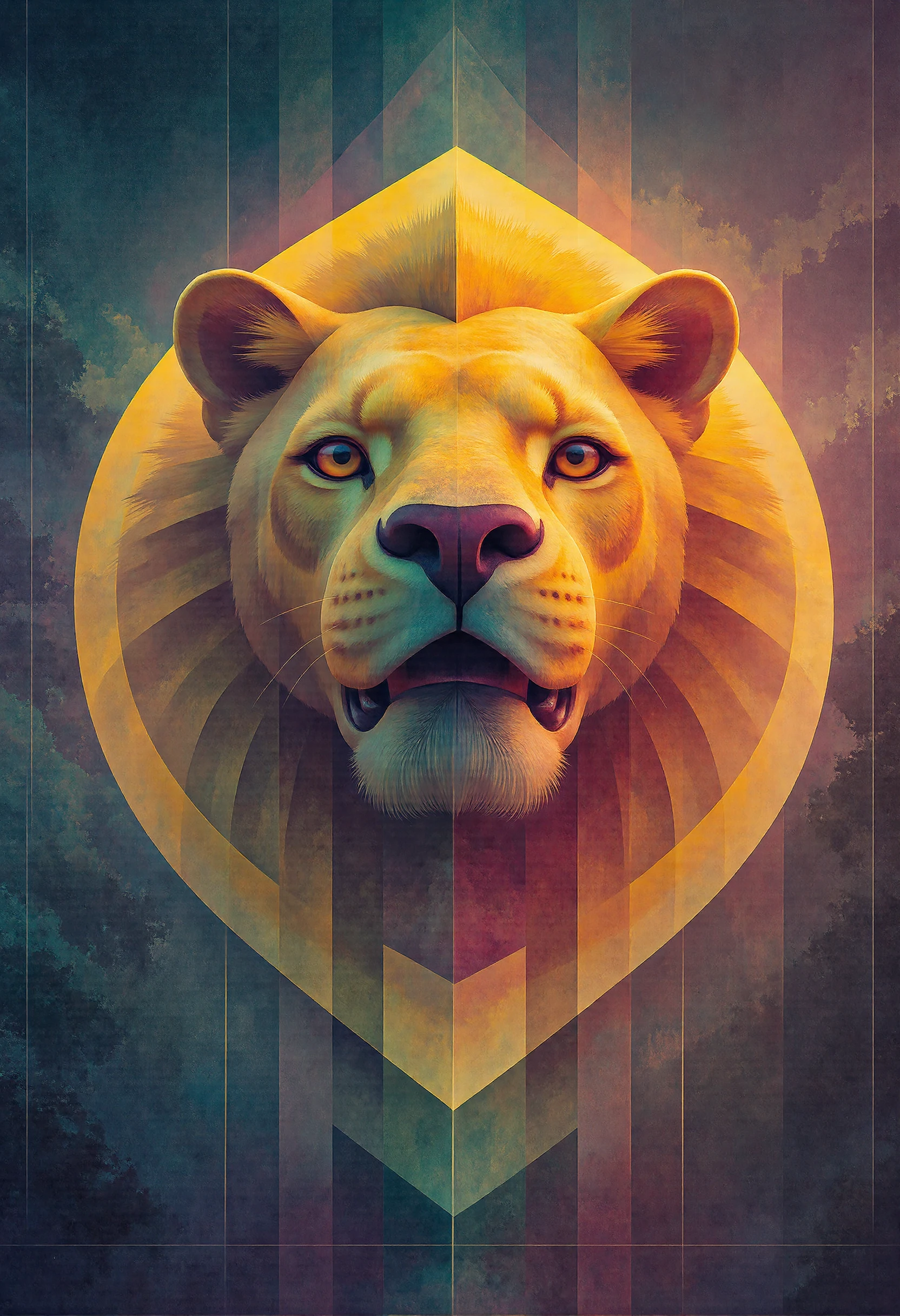 A digital artwork in the style of CLRFL, featuring a lion head statue. 