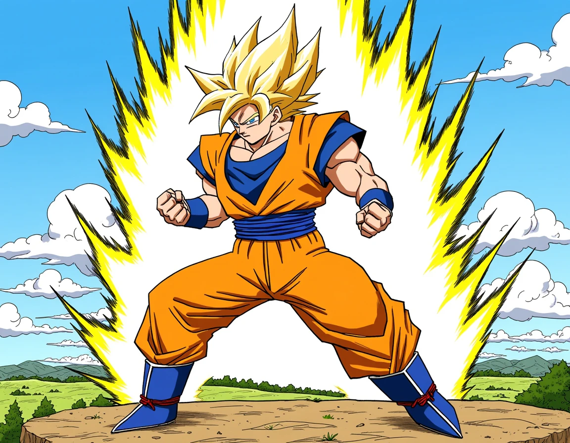 a man, Goku, in his super saiyan form, gold hair, ki energy, fight stance, in the manga style of ToriYa-Cell-Flux, a landscape, <lora:ToriYa-Cell-Flux:1>